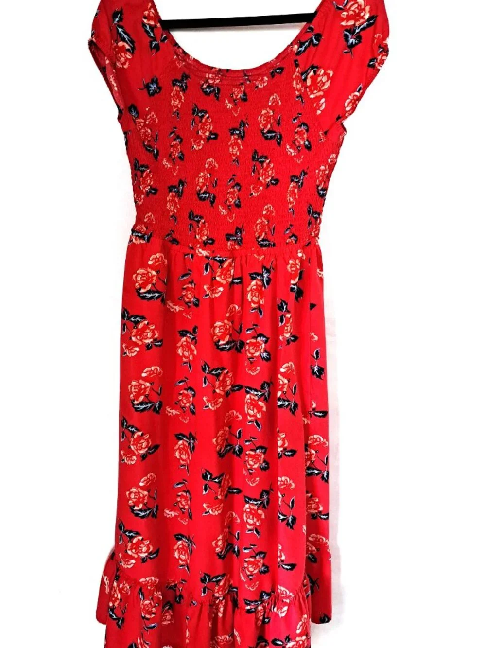 Justice Girls size 20 Red Shirred Bodice Floral Print Dress with Tasseled Bow